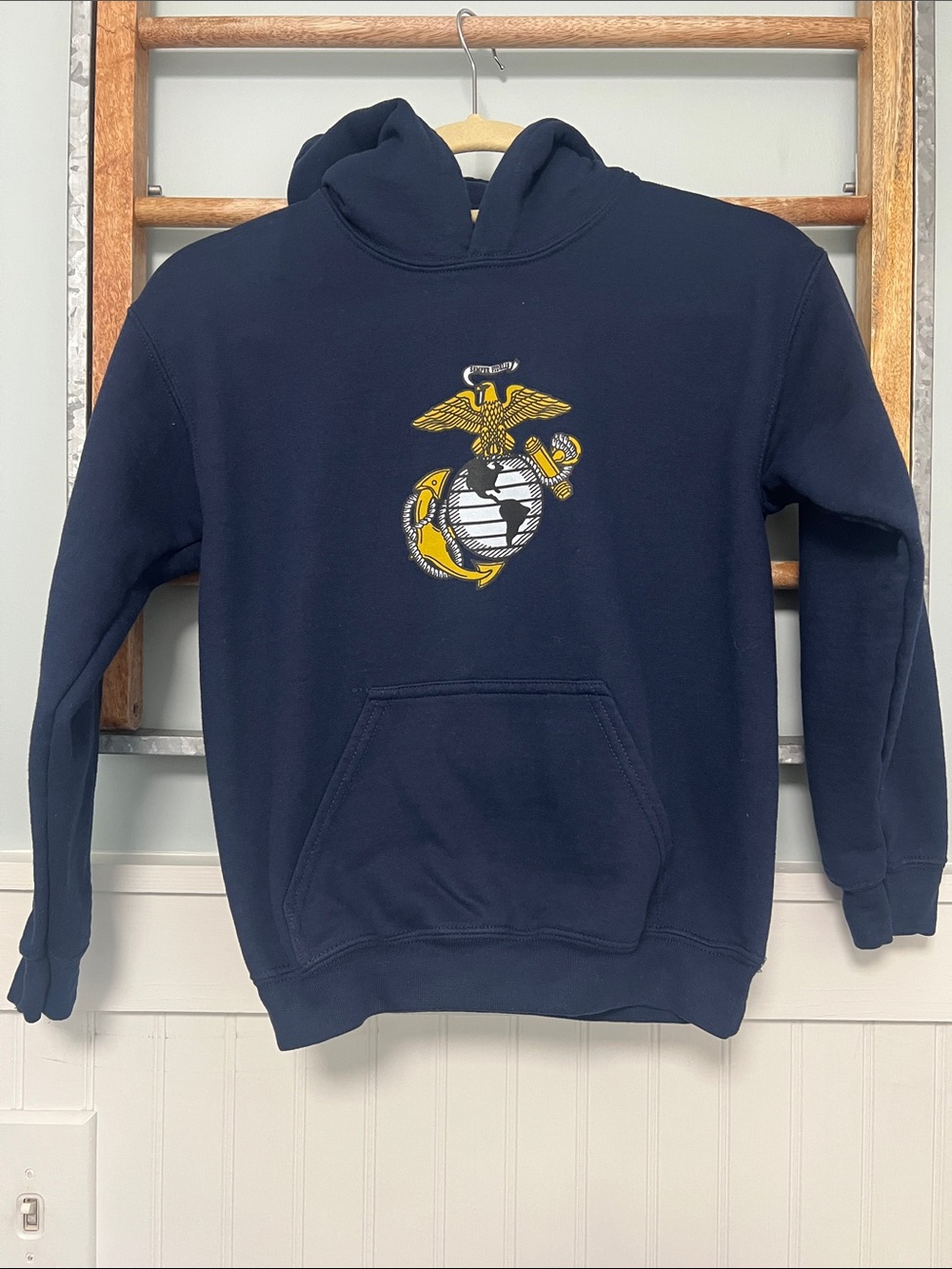 Kids, marines, pullover hoodie, navy blue size youth medium